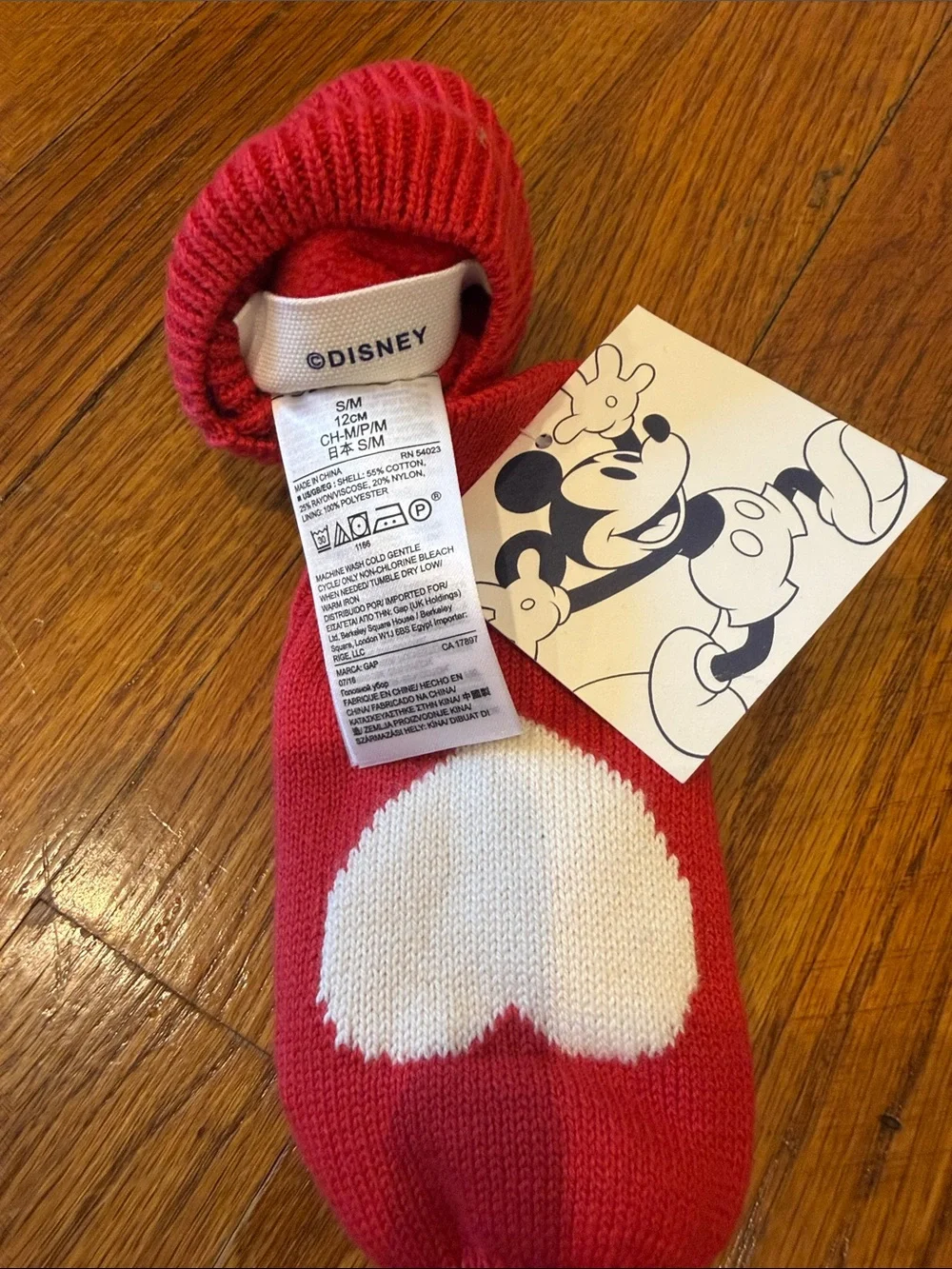 Gap x Disney Red Kids Mittens with White Heart and Black Mickey Silhouette